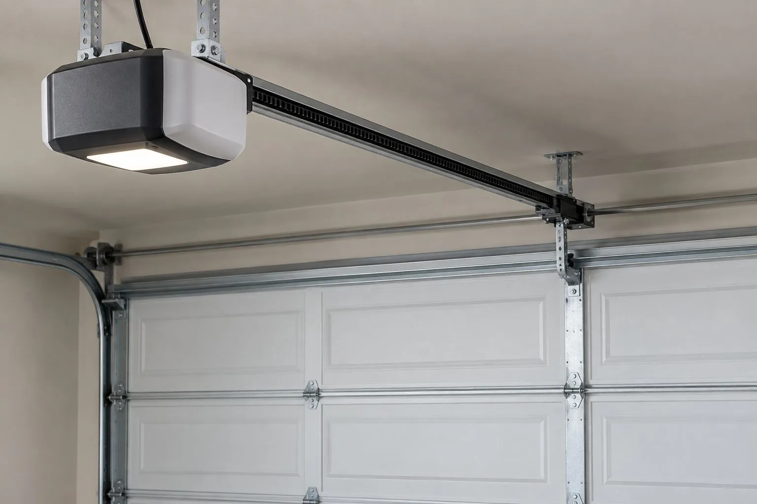 Overhead belt-drive opener rail above a closed sectional garage door