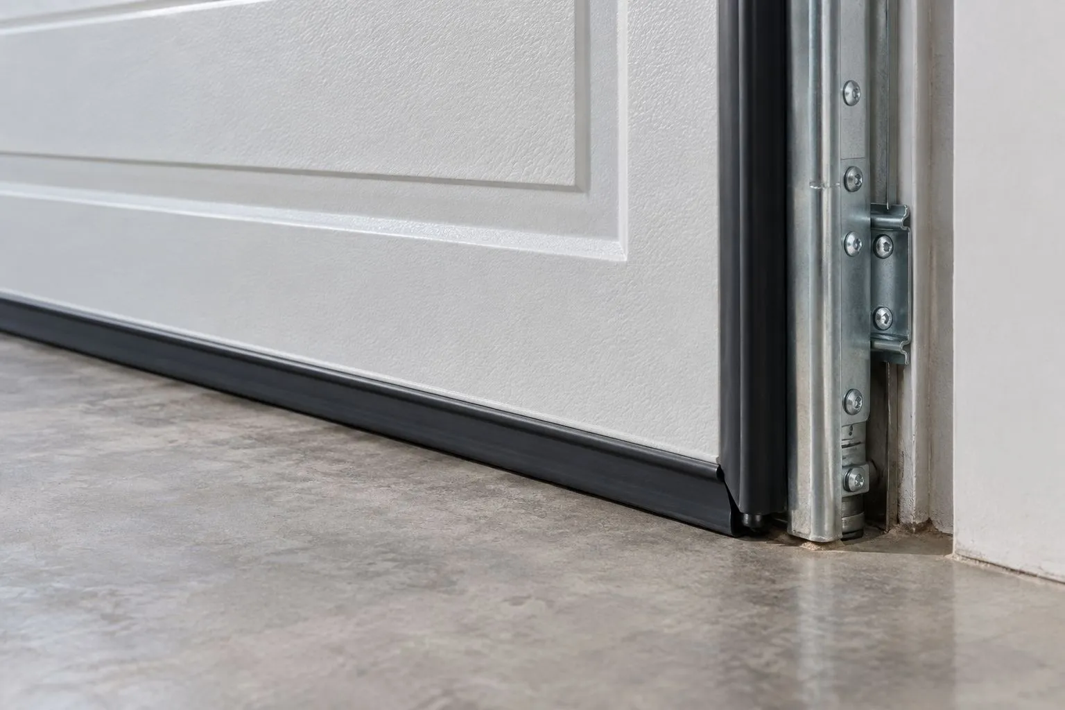 Garage door corner where the bottom seal meets the side weatherstrip