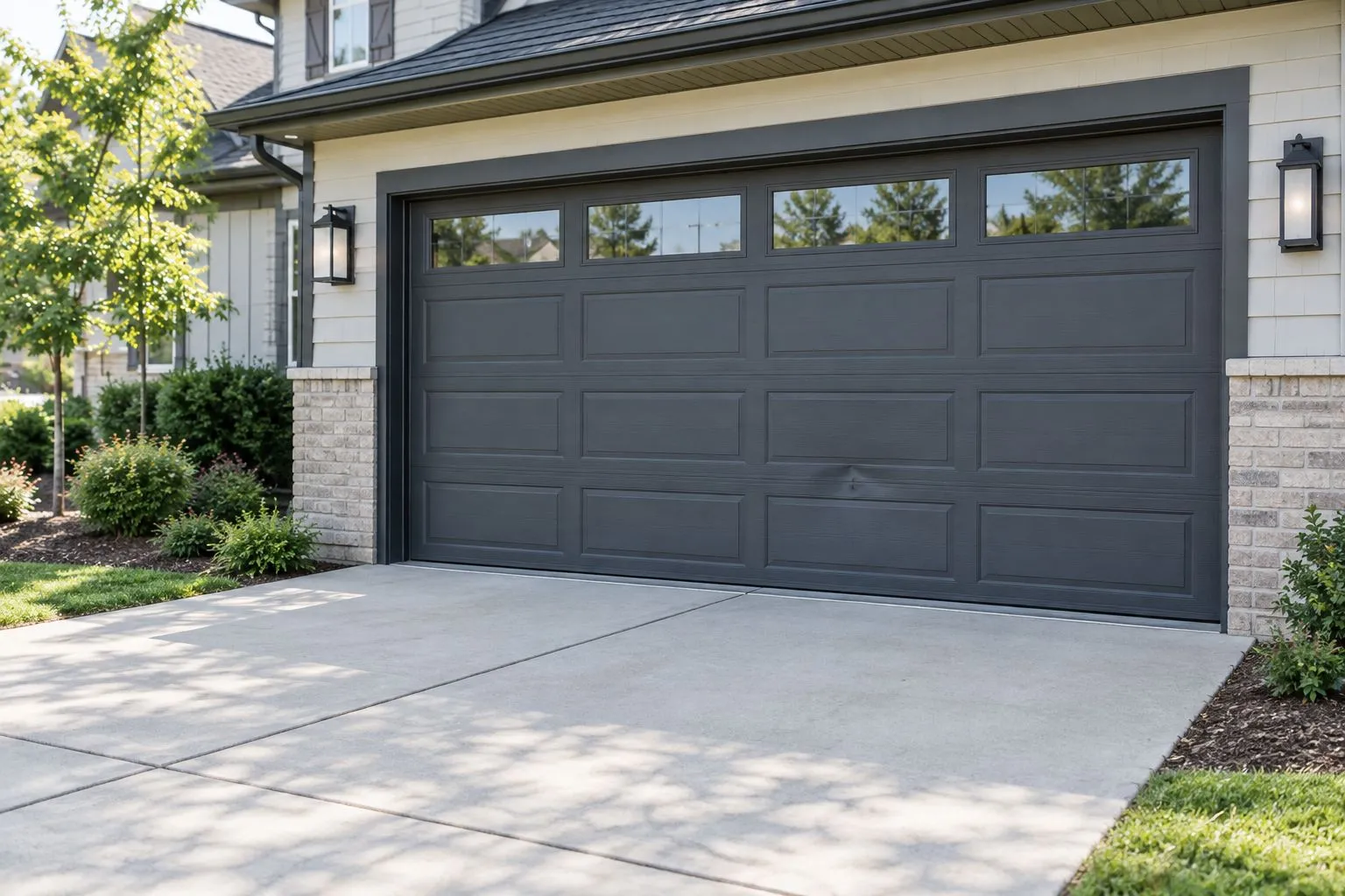 Garage door panel dent photographed from a safe distance