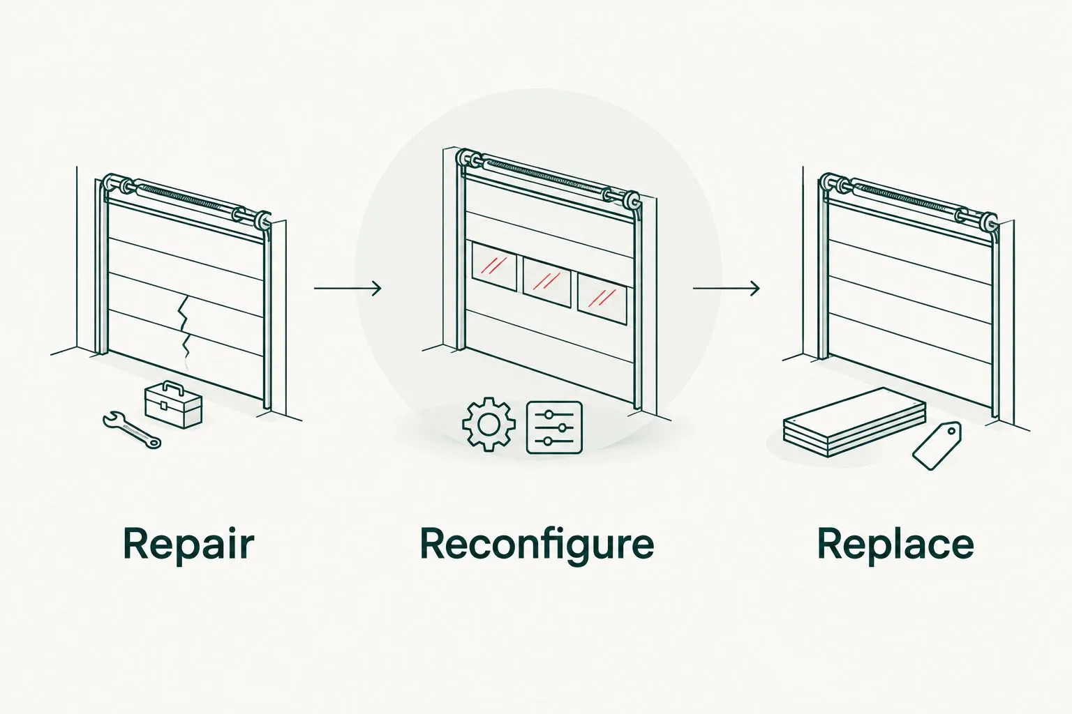Three decision categories for an existing overhead door: repair, reconfigure and replace