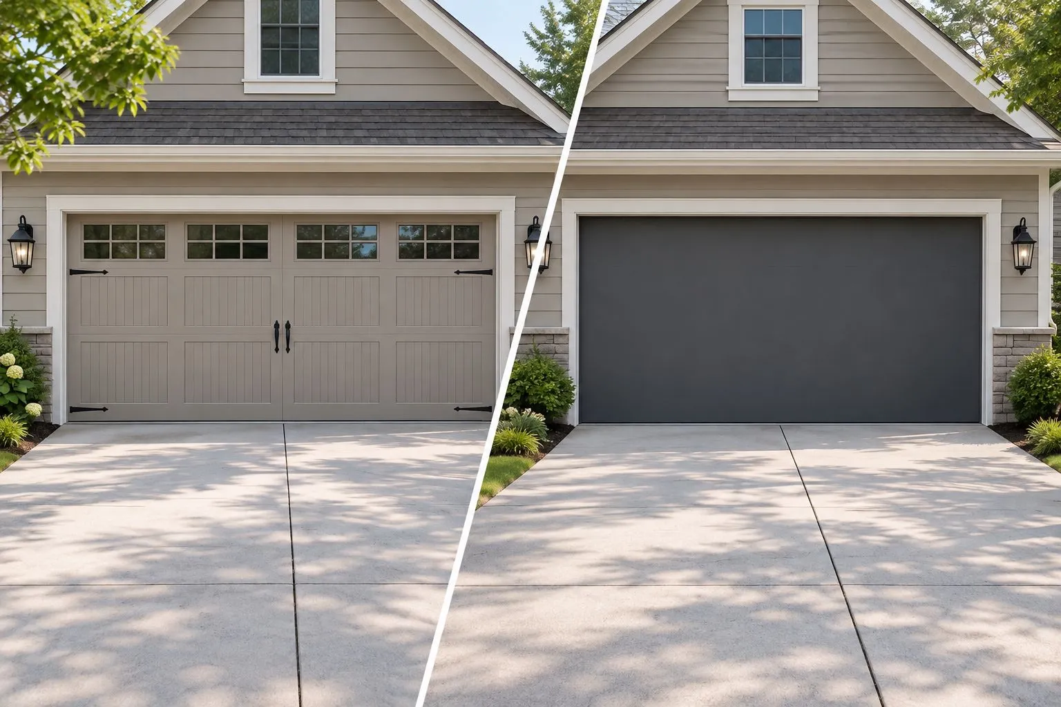 Carriage-inspired garage door beside a flush garage door