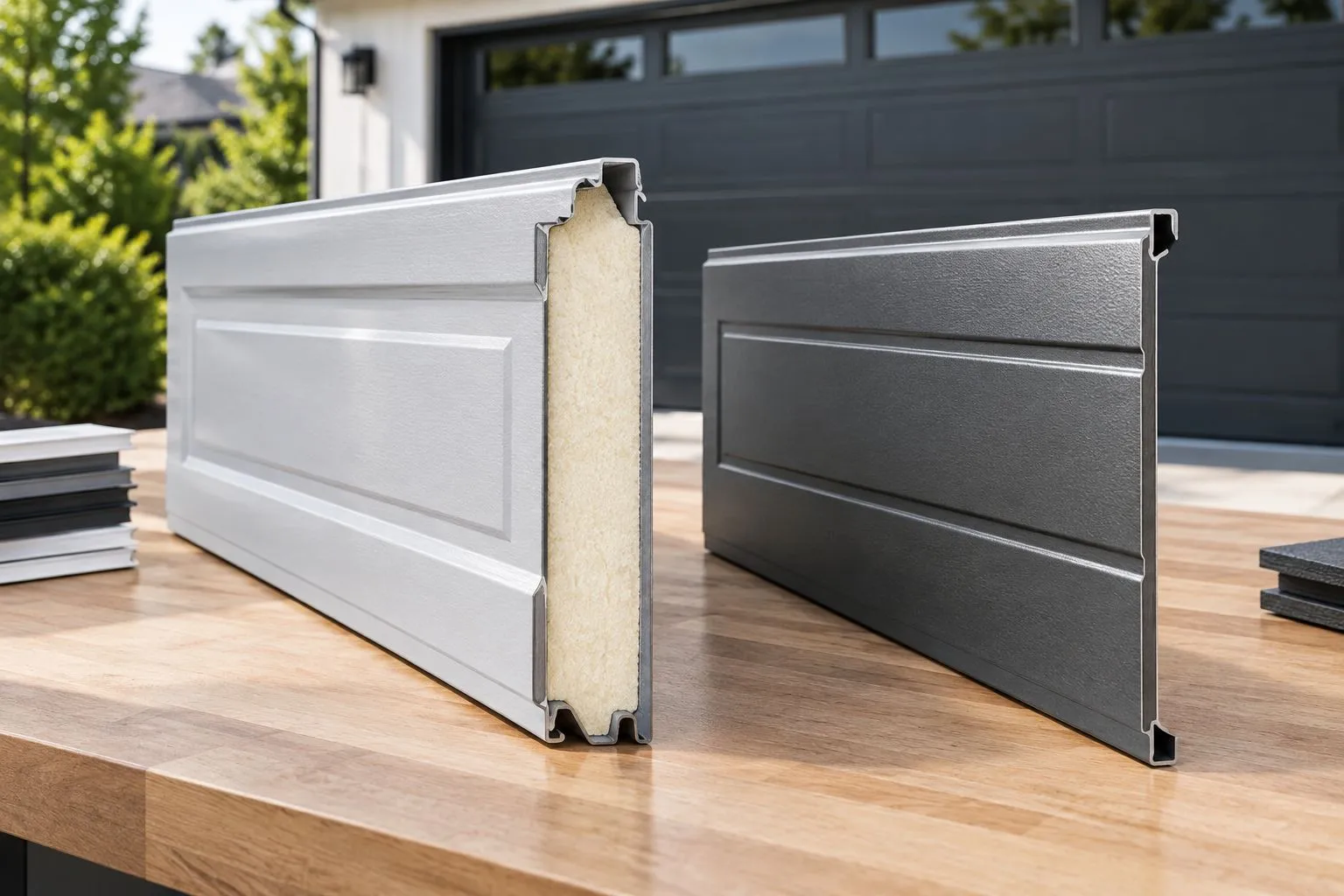 Backed insulated garage door panel beside a single-skin panel