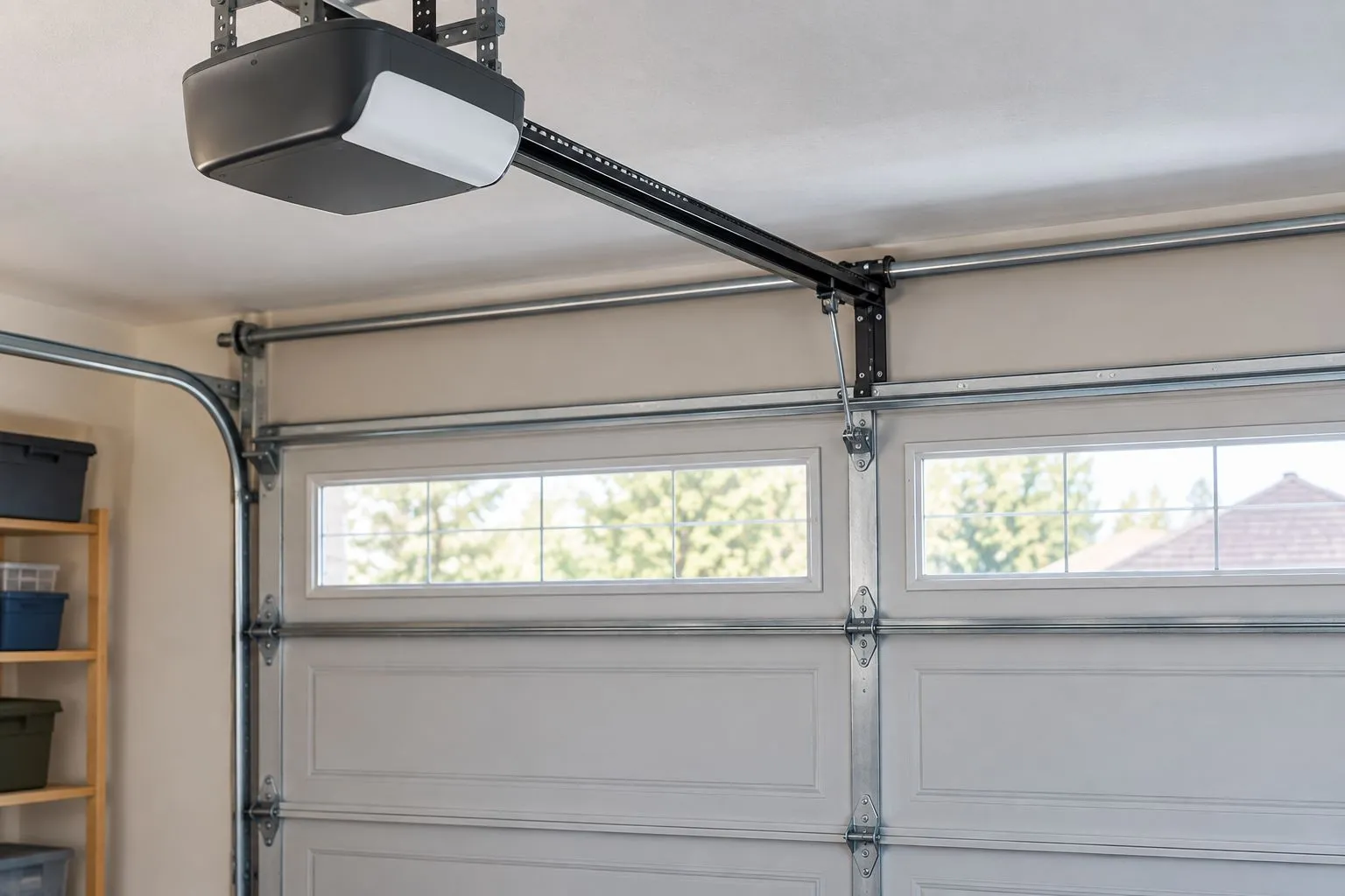 Sectional garage door with an opener rail and top-section connection