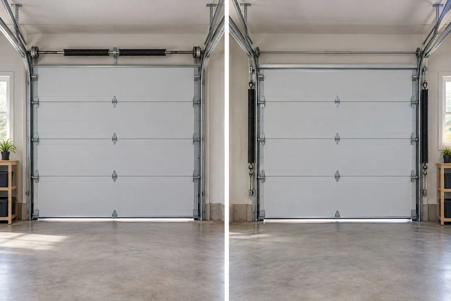 Illustrative comparison of torsion springs above a door and extension springs beside horizontal tracks