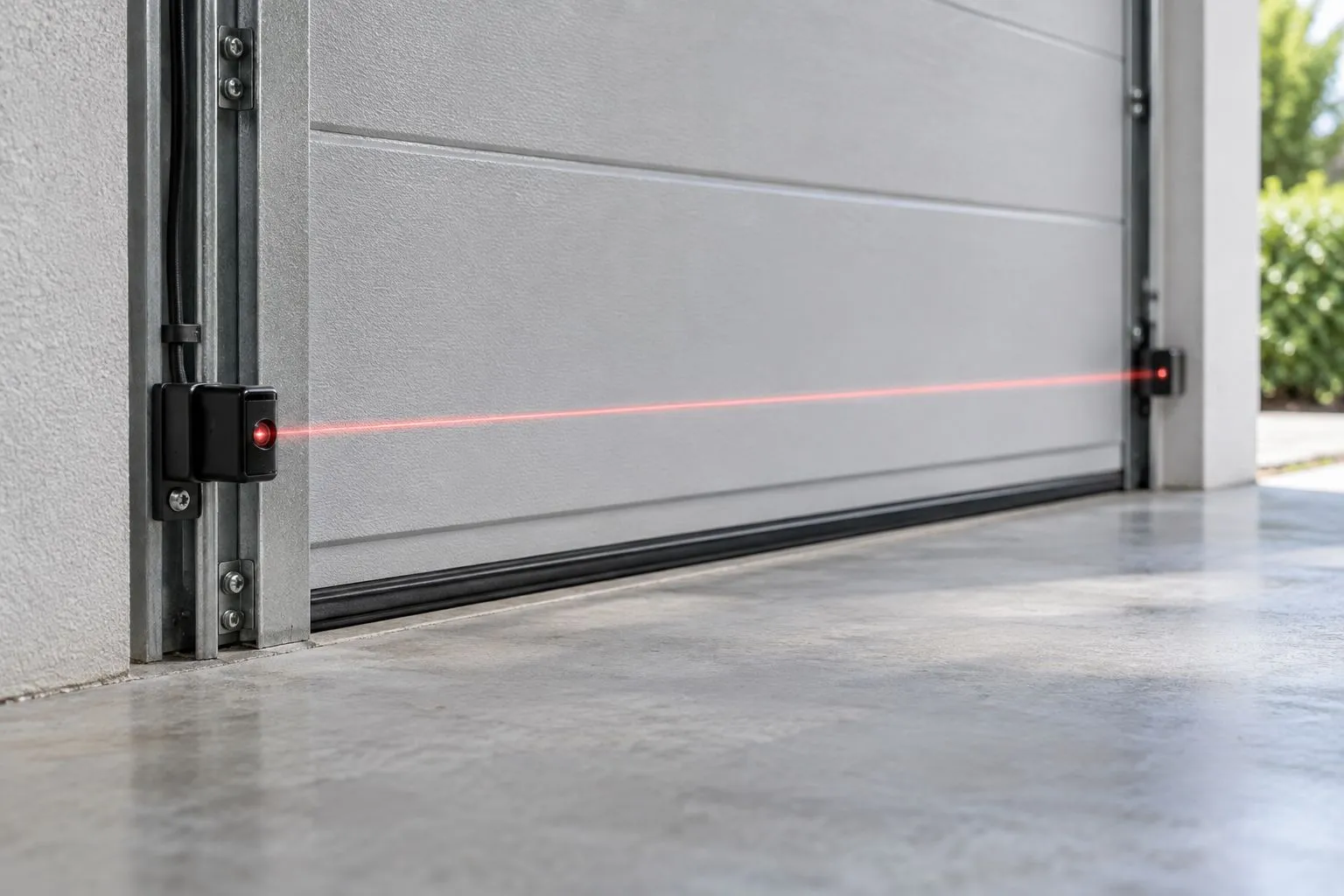 Unbranded garage door safety sensor beside a clear doorway