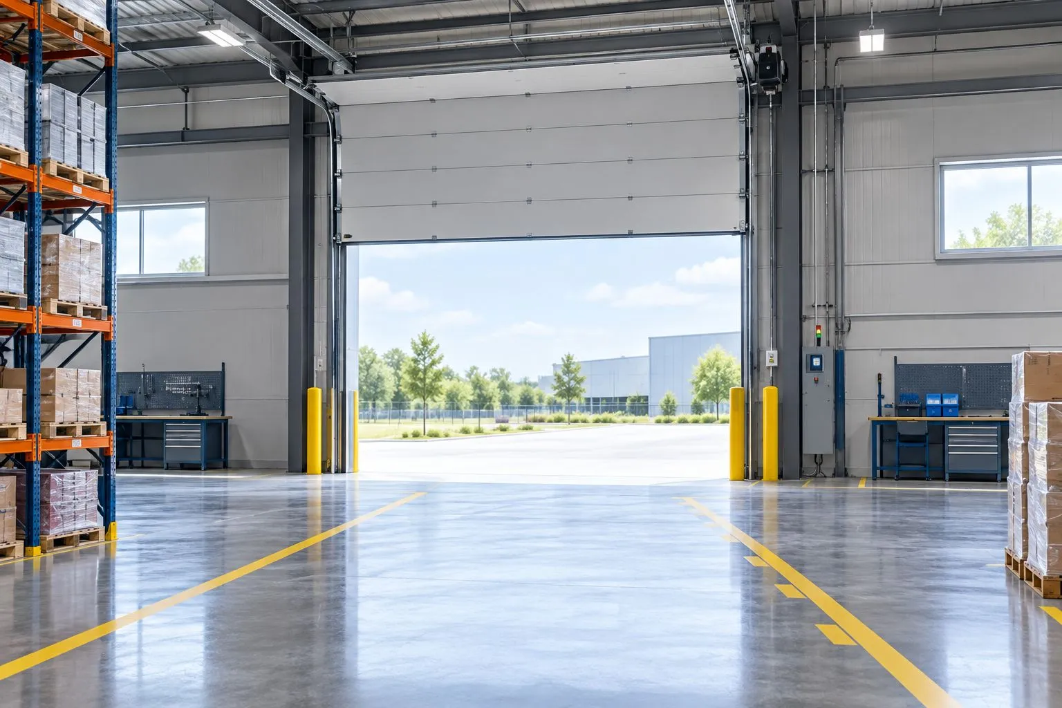 Open sectional overhead door with ceiling tracks above an empty industrial vehicle route