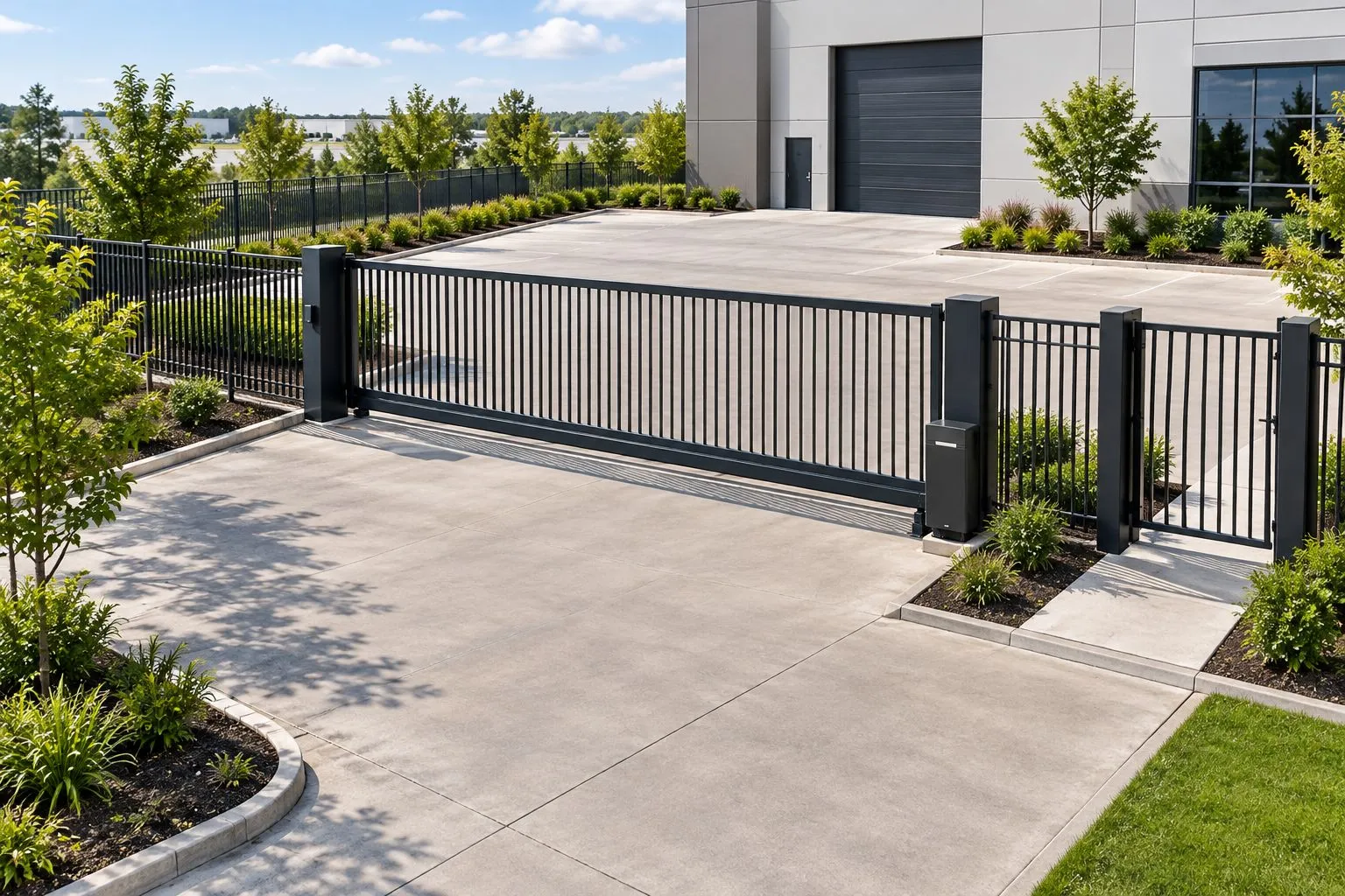 Illustrative commercial entrance with a sliding gate, clear side space and a separate pedestrian entrance.