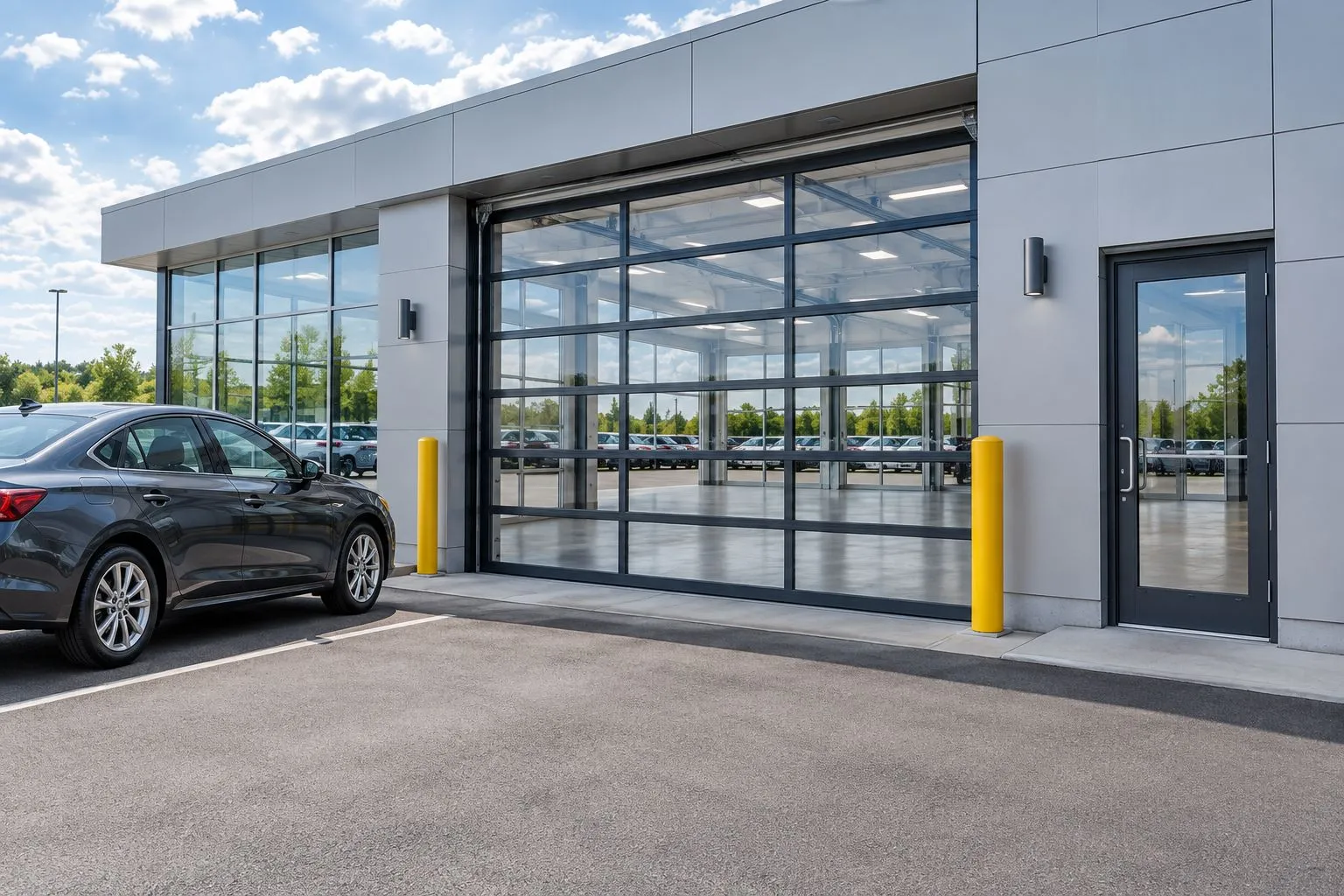 Illustration of a vehicle delivery bay with a glass sectional door and a separate pedestrian doorway.