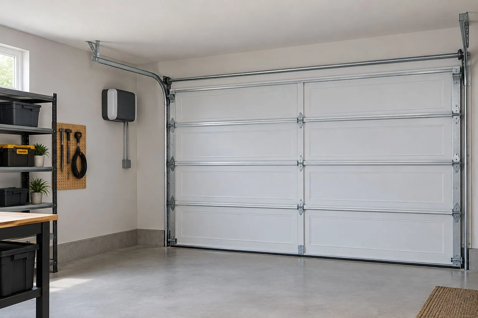 Illustrative garage with a wall-mounted opener beside a closed door