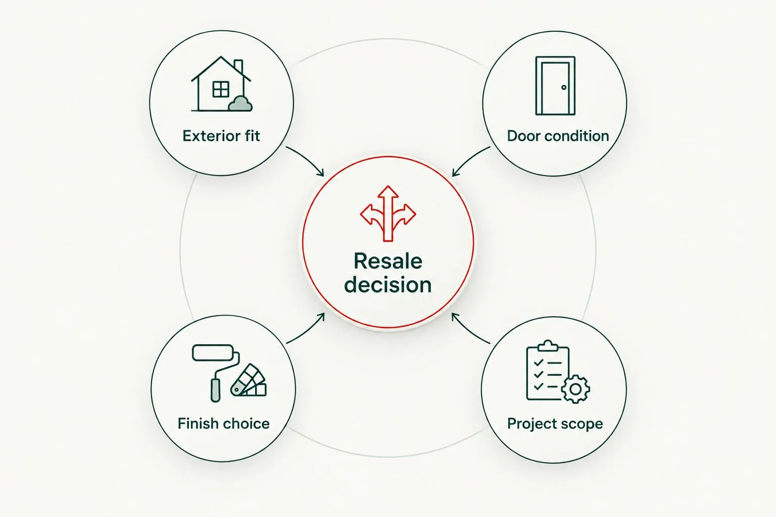 Diagram connecting a resale decision to exterior fit, door condition, finish choice and project scope
