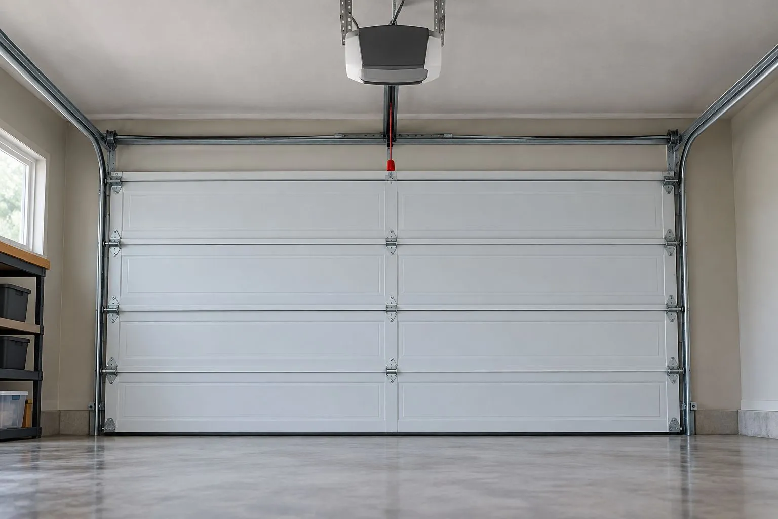 Closed sectional garage door with an overhead opener housing and rail visible from inside the garage
