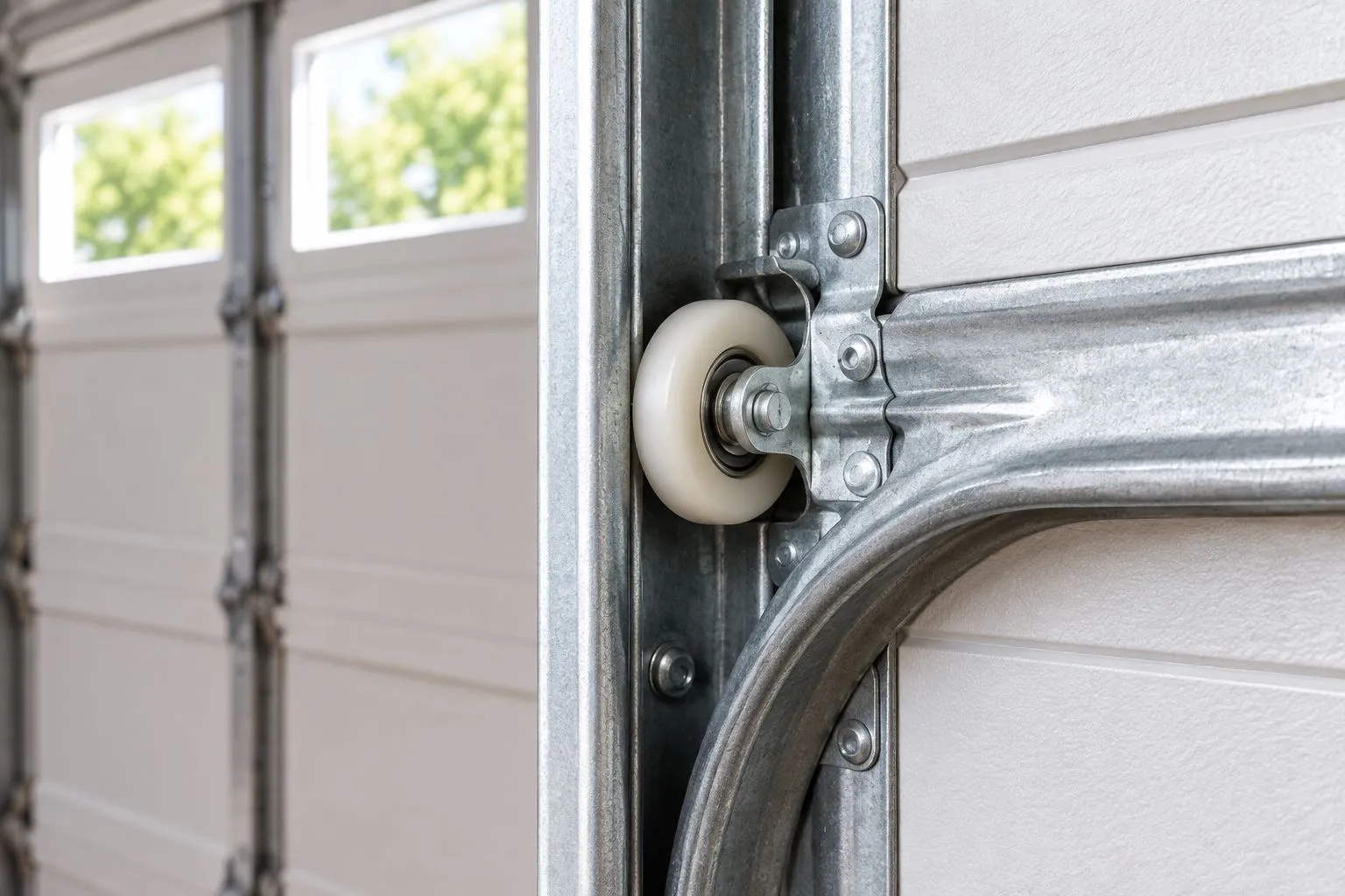 Illustrative close-up of a nylon garage door roller seated in a steel track