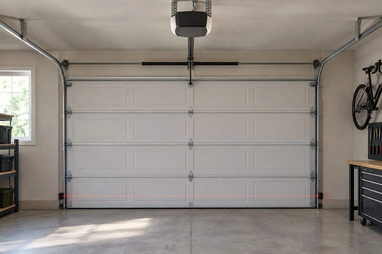 Garage door with an overhead opener and a clear path between sensors