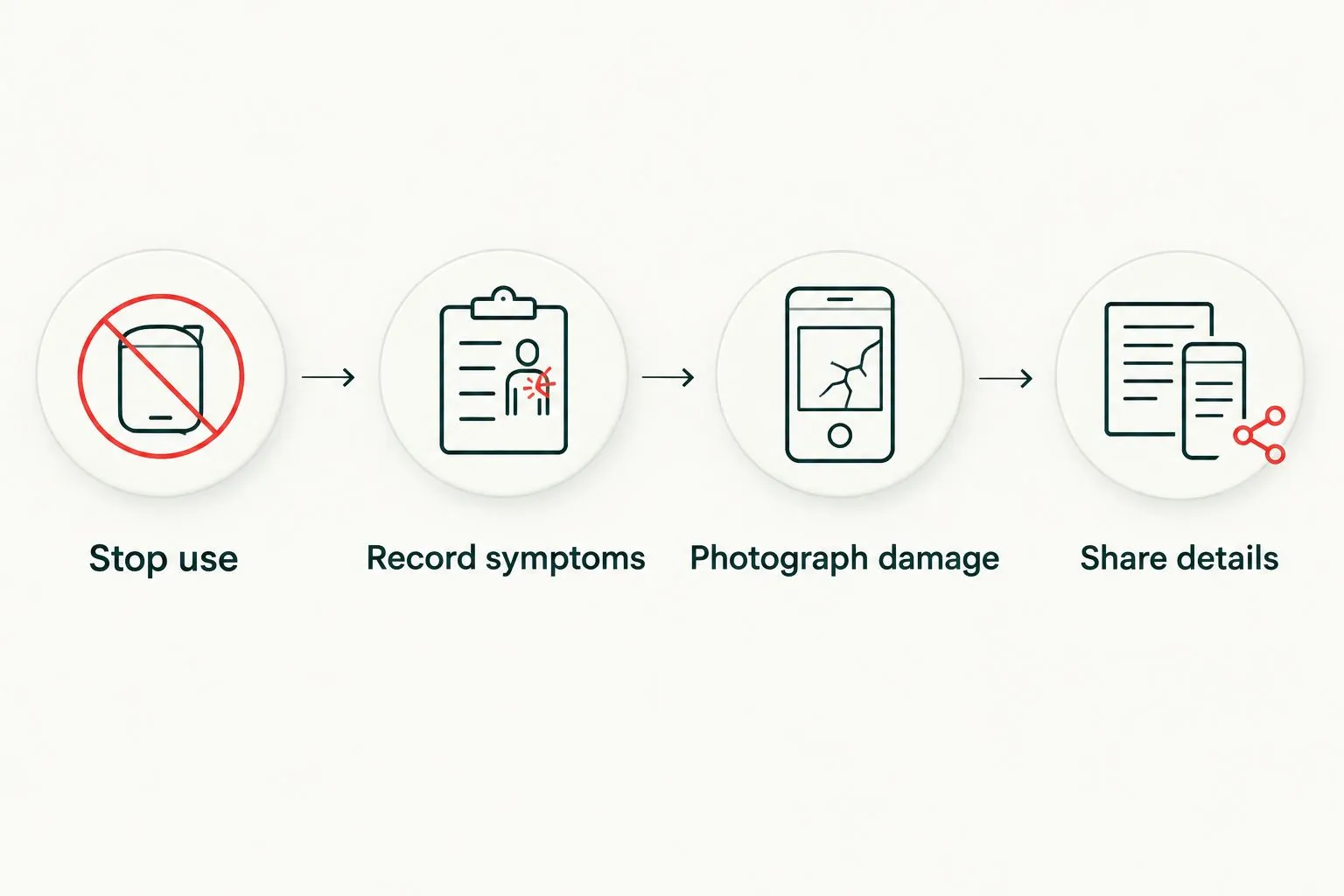 Stop use, record symptoms, photograph damage and share details