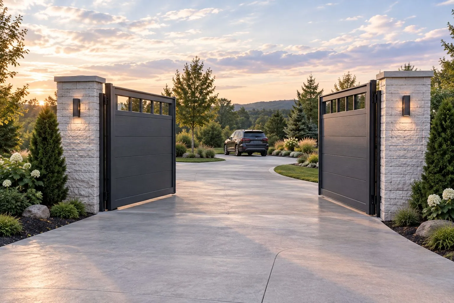 Open paired swing gate with clear driveway space around its leaves