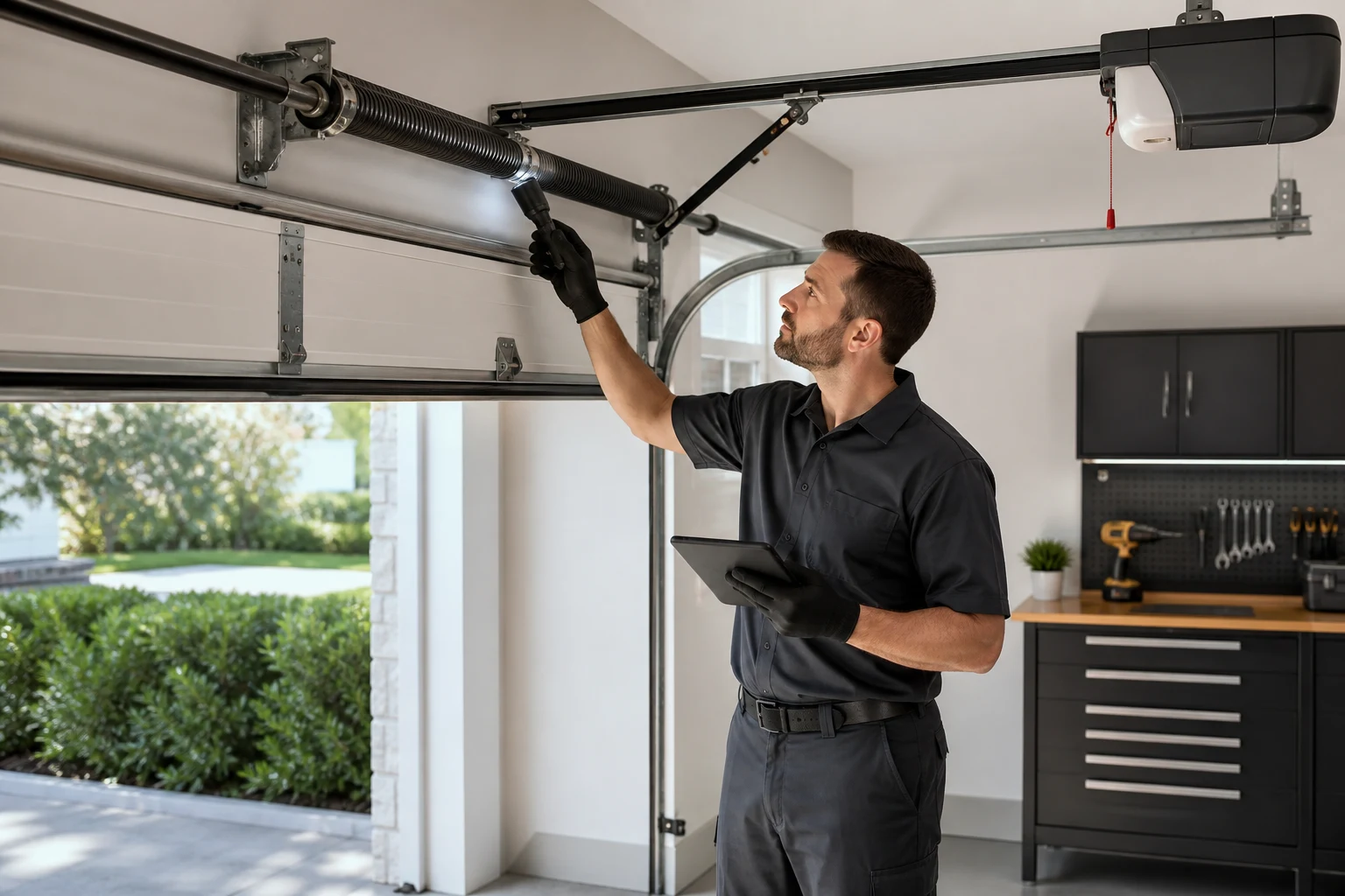Technician recording torsion spring inspection findings on a tablet