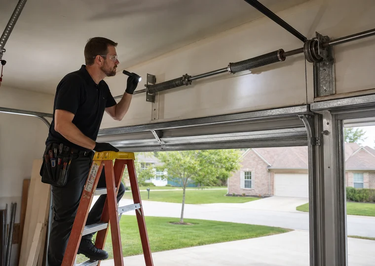 Technician using a flashlight to inspect the torsion spring system