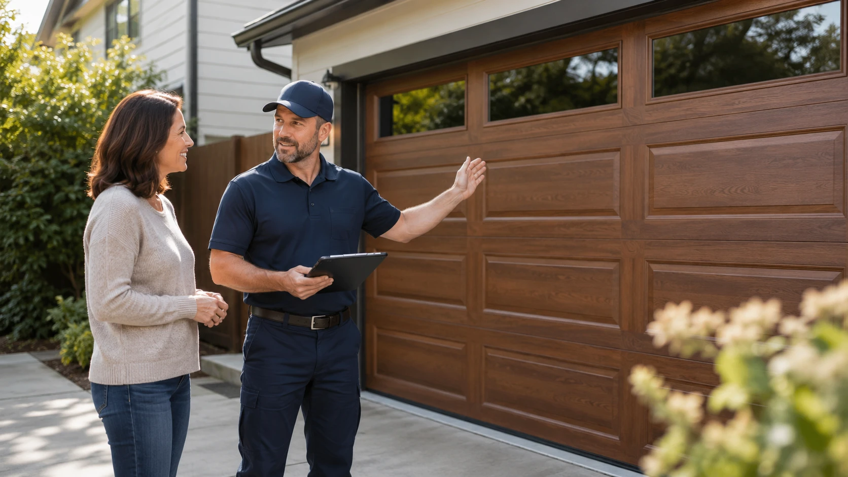 Garage door professional discussing a new door with a homeowner