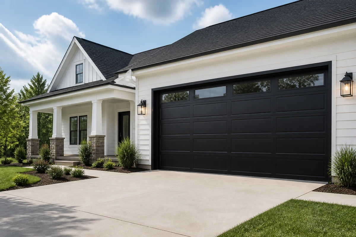 Black garage door on a bright white Kentucky-style home