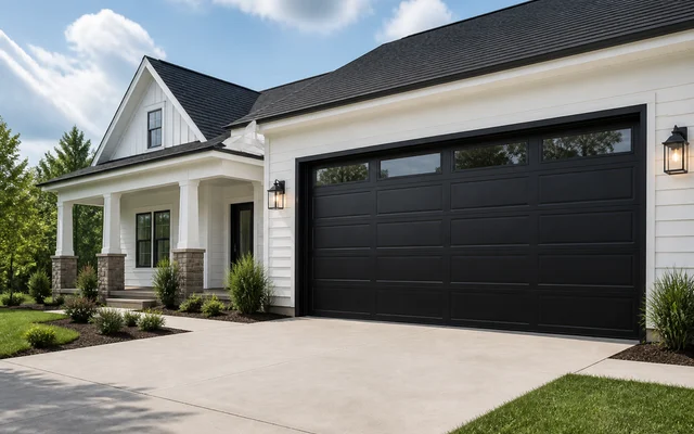 Modern black garage door on a white home