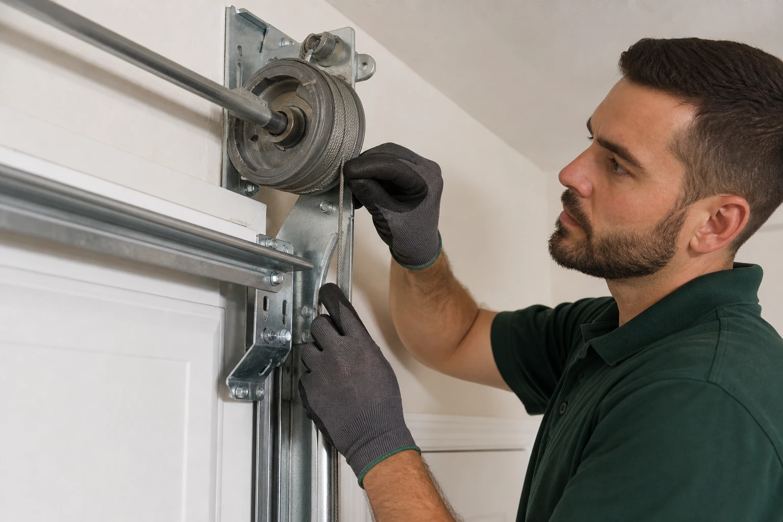 Technician checking the lift cable and drum at the top door corner