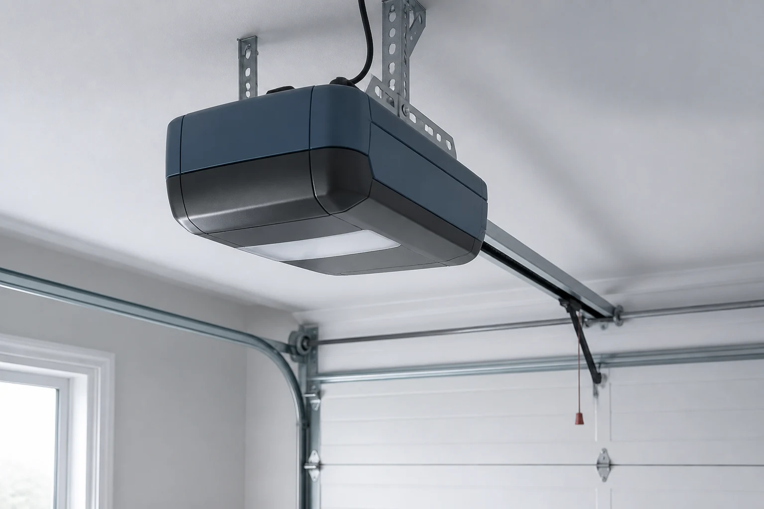 Blue wall-mounted garage door opener installed beside a torsion shaft