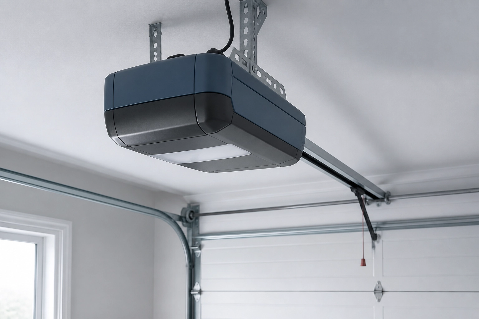 Blue wall-mounted garage door opener installed beside a torsion shaft