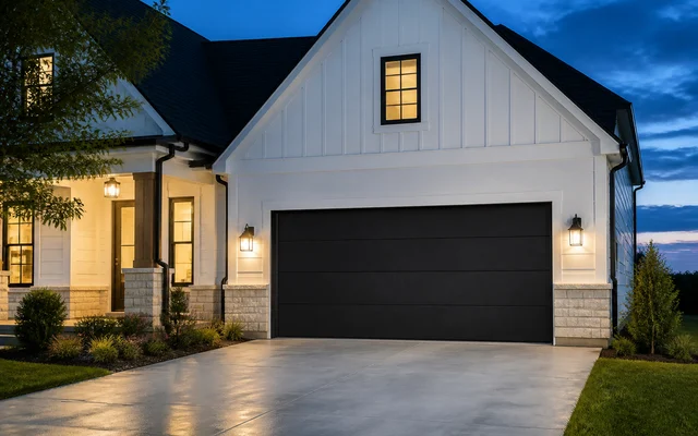 Black garage door on a warmly lit home at dusk