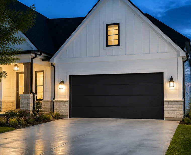 Modern black garage door at dusk