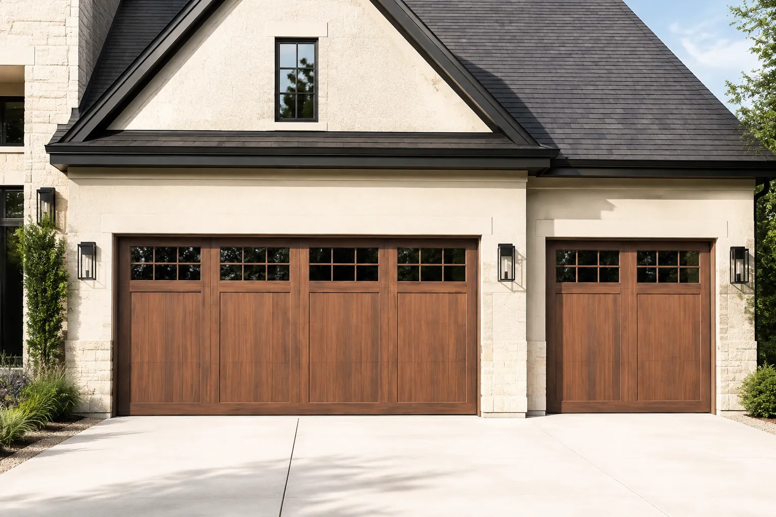 Wood-look molded fiberglass garage doors with top windows