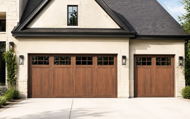 Three molded wood-look garage doors on a modern home