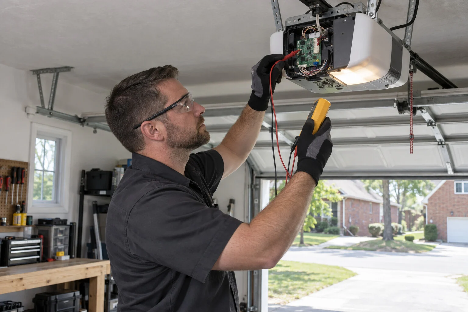 Garage door technician servicing a ceiling-mounted opener