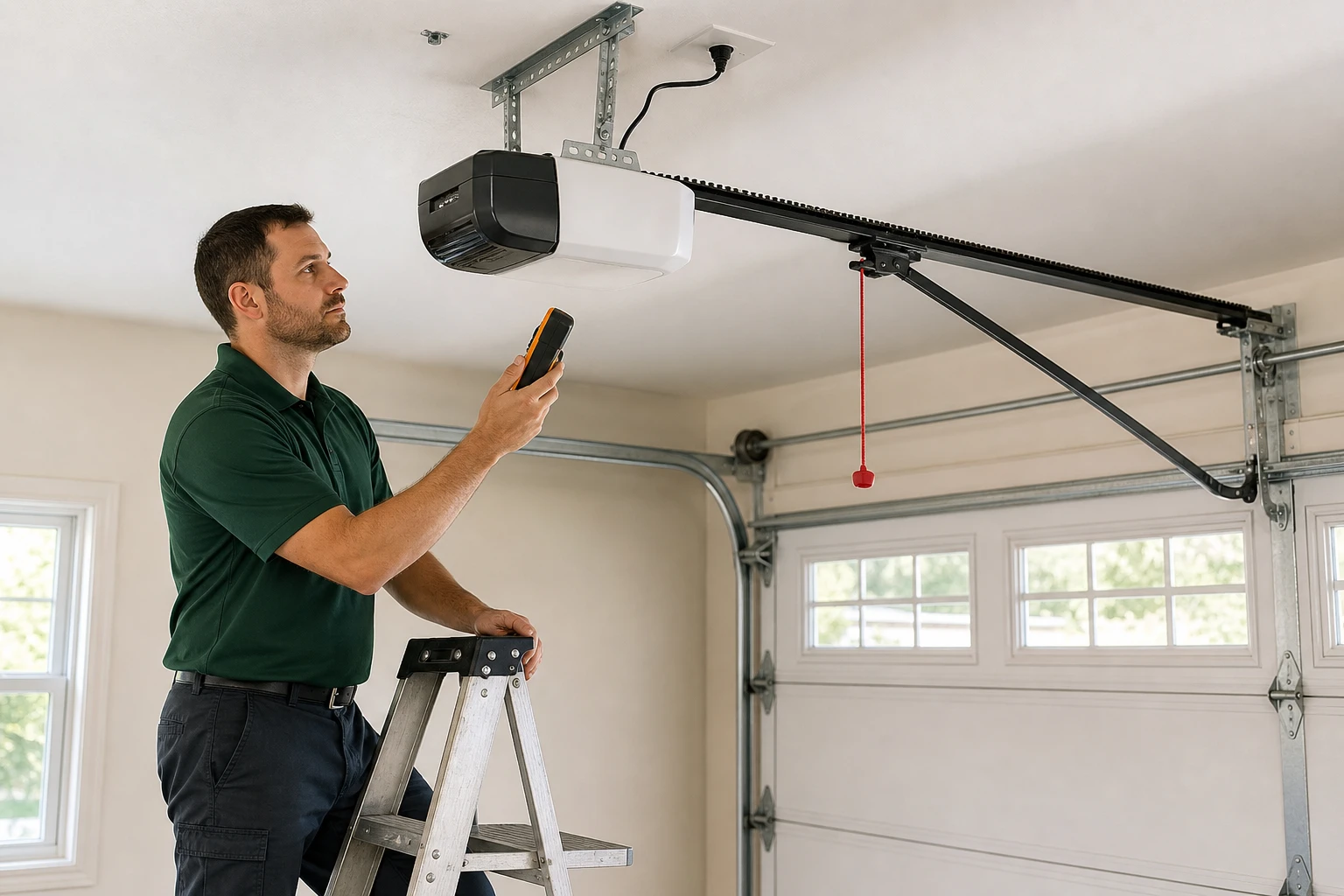 Technician assessing a ceiling-mounted opener before replacement