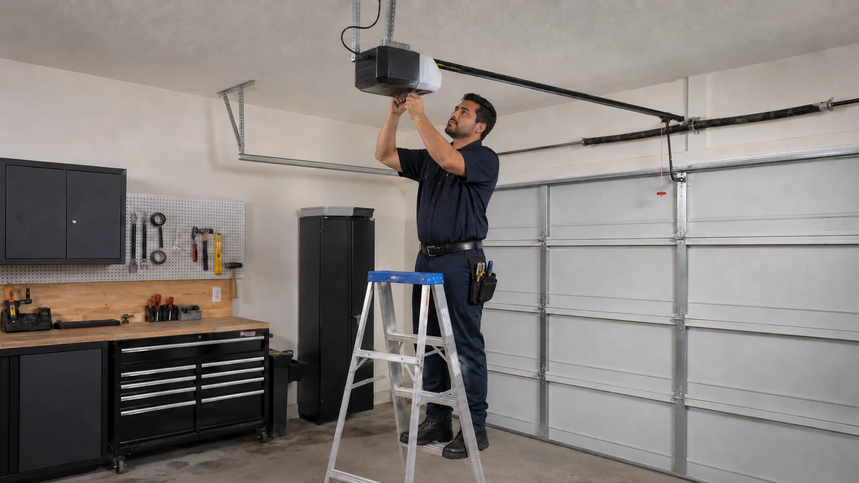 Technician diagnosing a garage door opener motor unit