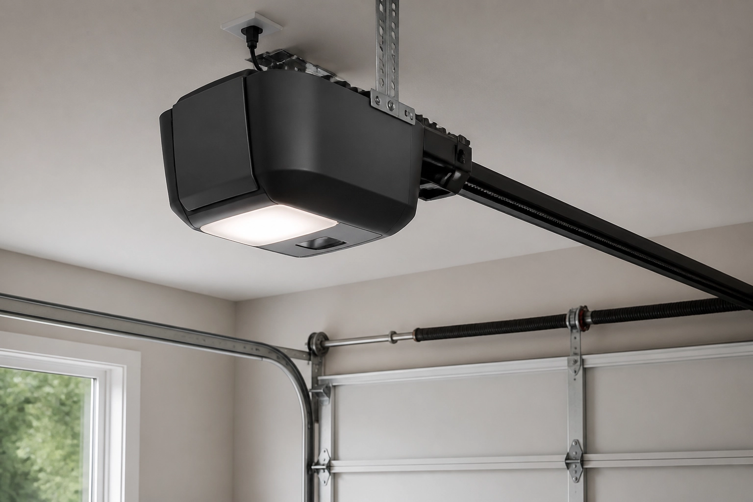 Residential screw-drive garage door opener and rail