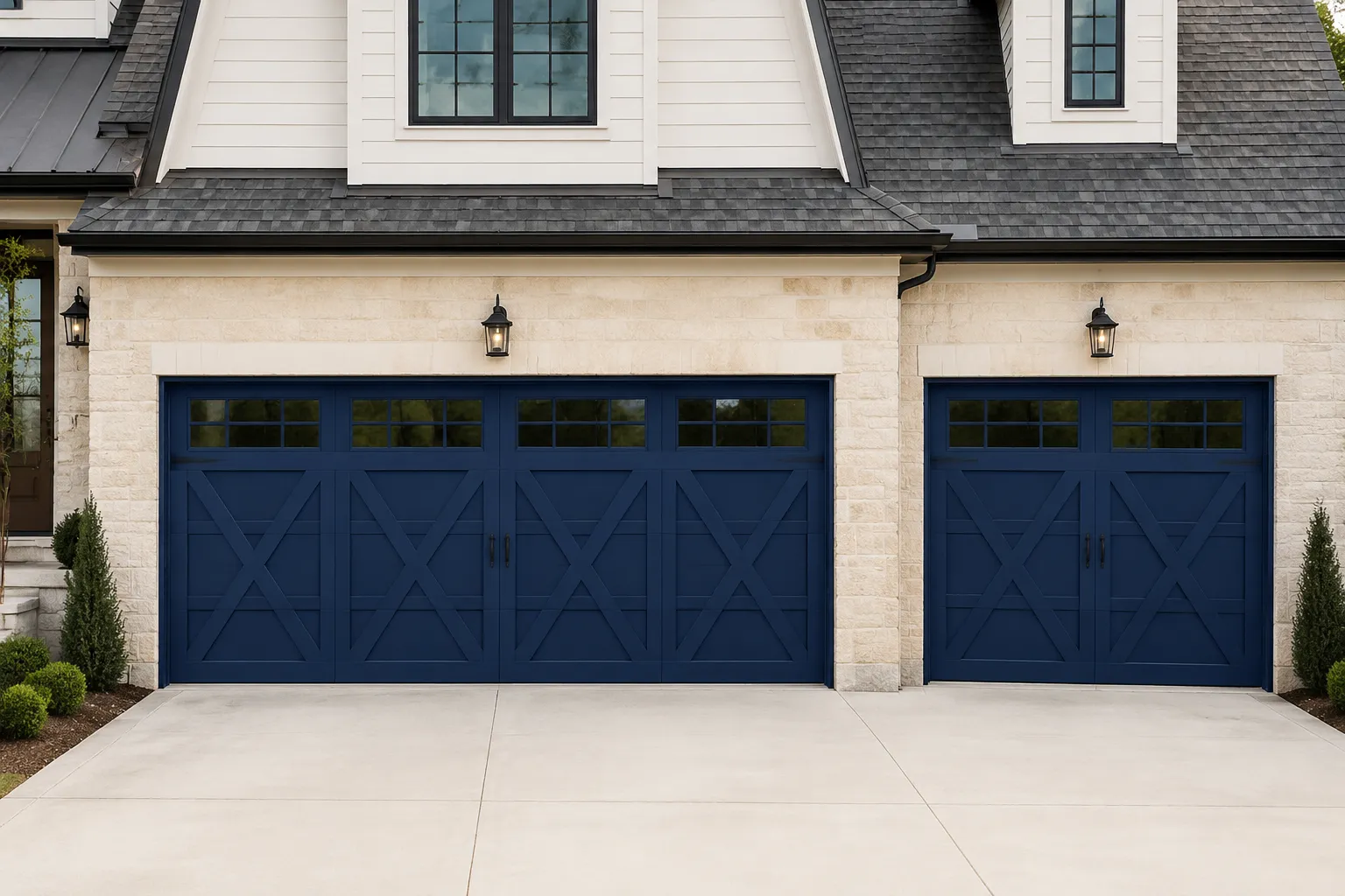Navy blue overlay carriage-style garage doors with cross-buck panels