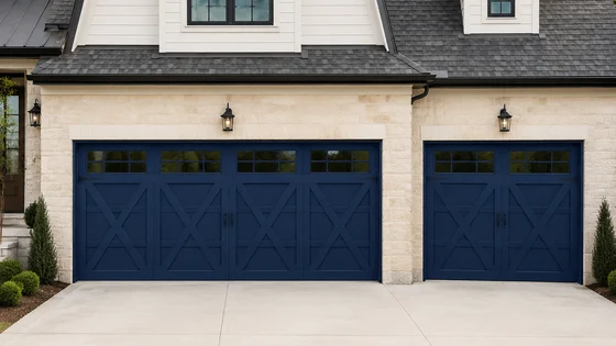 Blue carriage-house garage door with decorative hardware