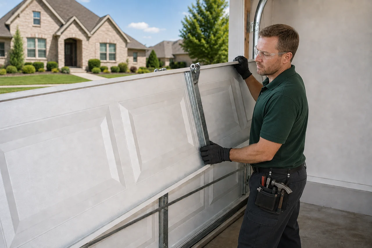 Technician inspecting a damaged white sectional garage door panel