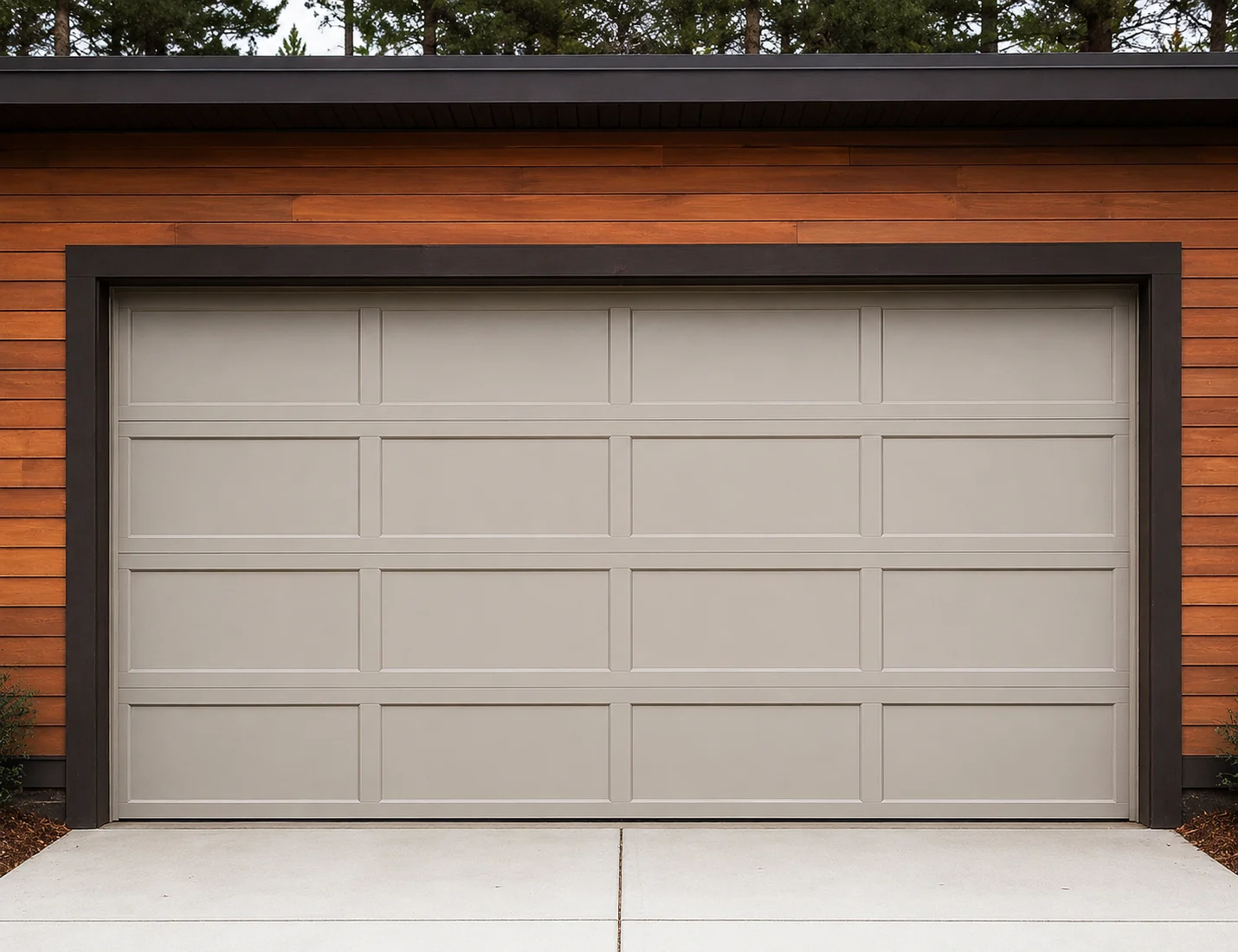 Recessed long-panel steel garage door installation