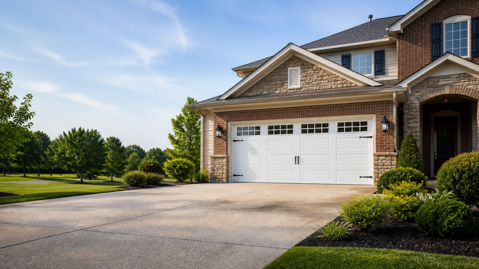 White sectional garage door closed tight against a Kentucky driveway