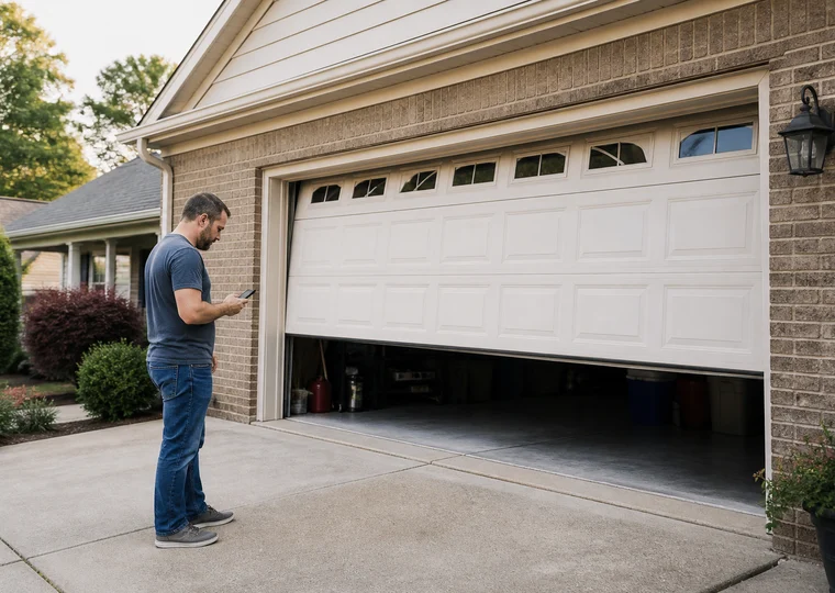 Homeowner calling for service beside a partially open garage door