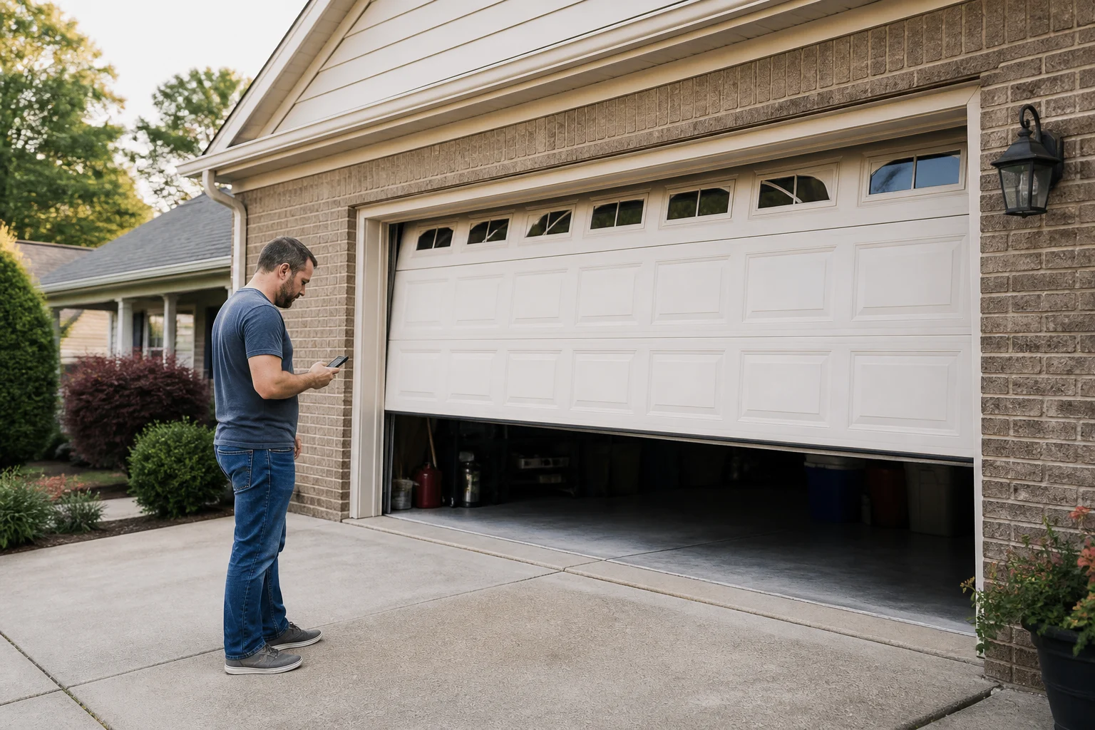 Homeowner on the phone beside a garage door stuck partly open