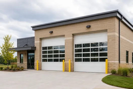 Glass-panel service bay doors on a brick municipal building