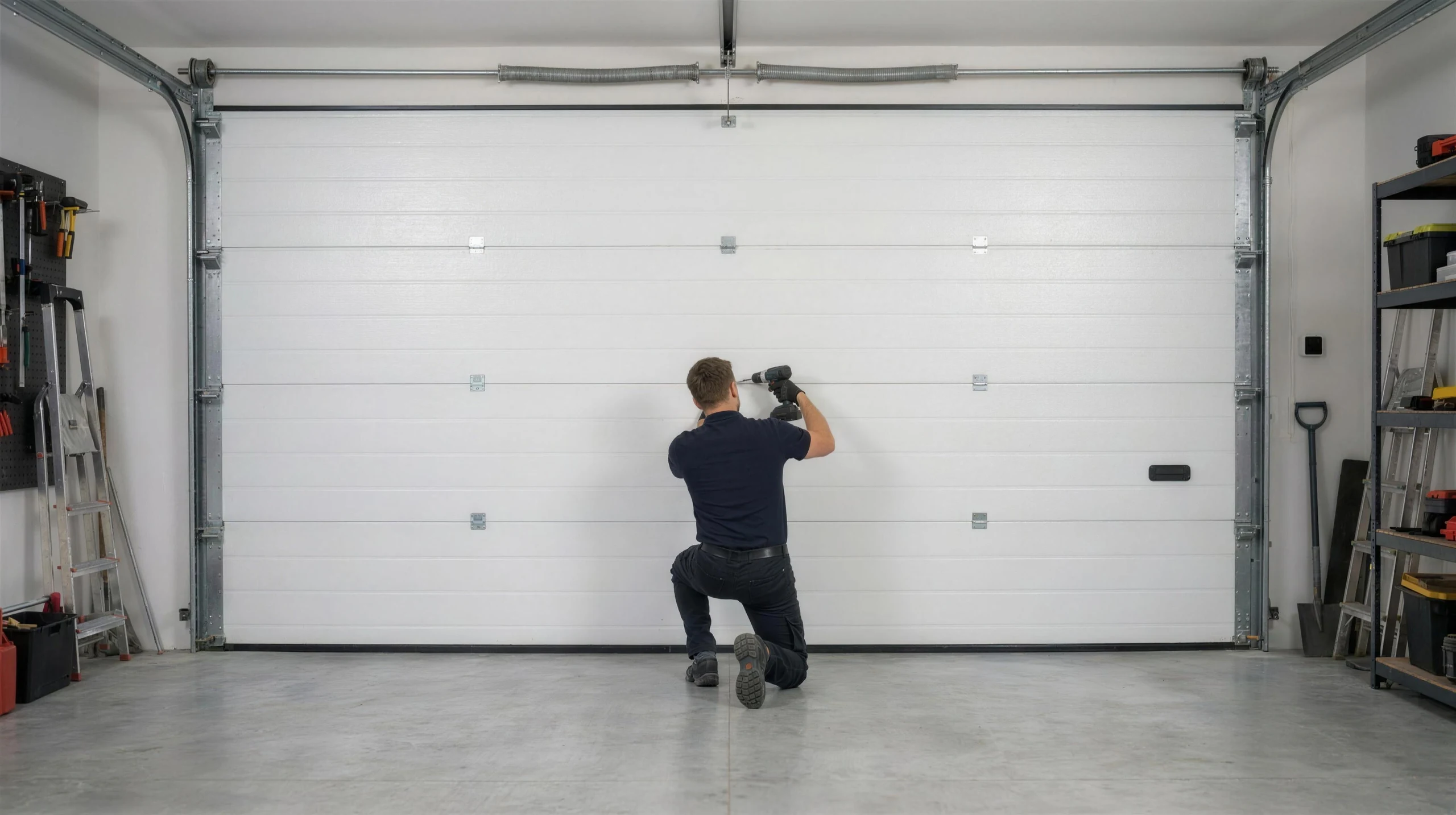 Technician servicing hinges and rollers on a white sectional door