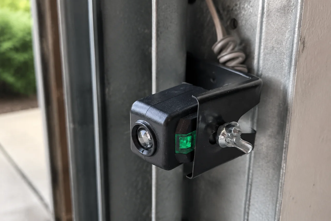 Garage door photo-eye safety sensor with a green indicator light