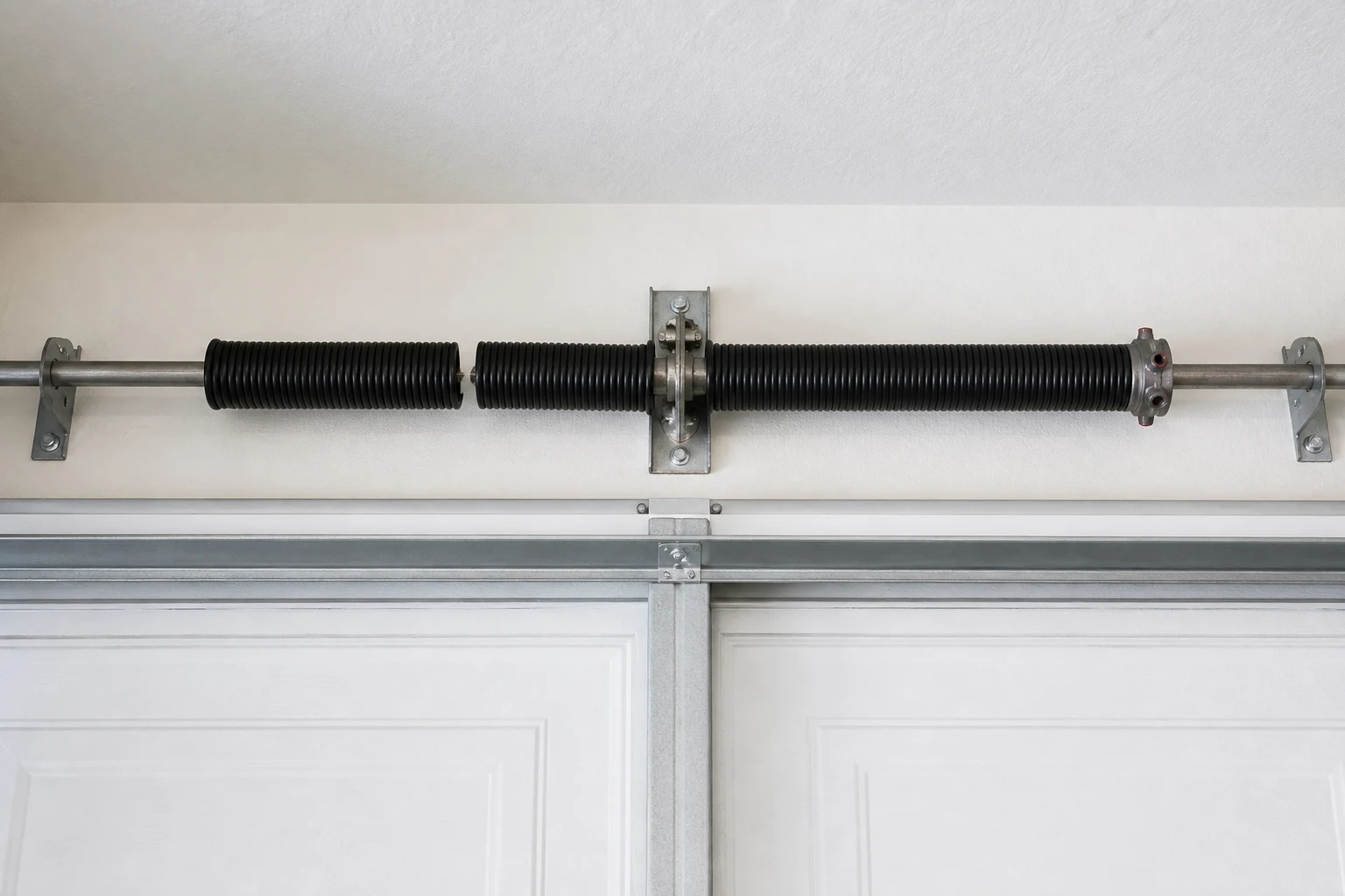 Close-up of a residential garage door torsion spring and winding cone