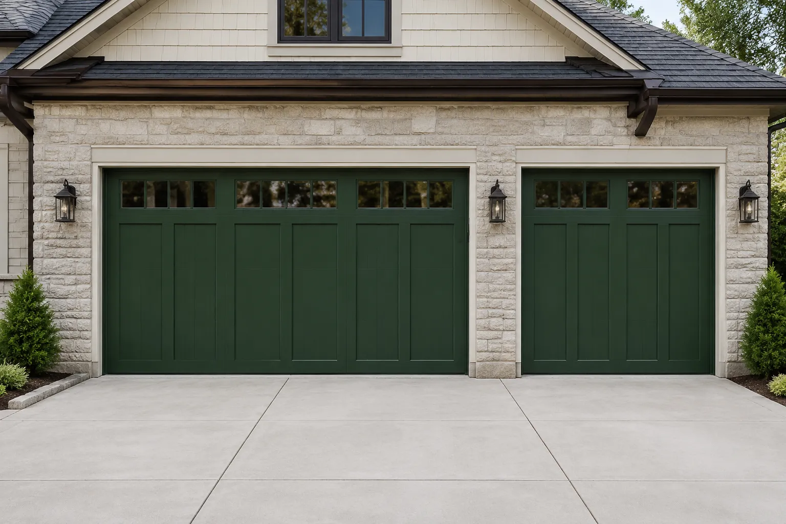 Deep green stamped carriage-style garage doors with top windows