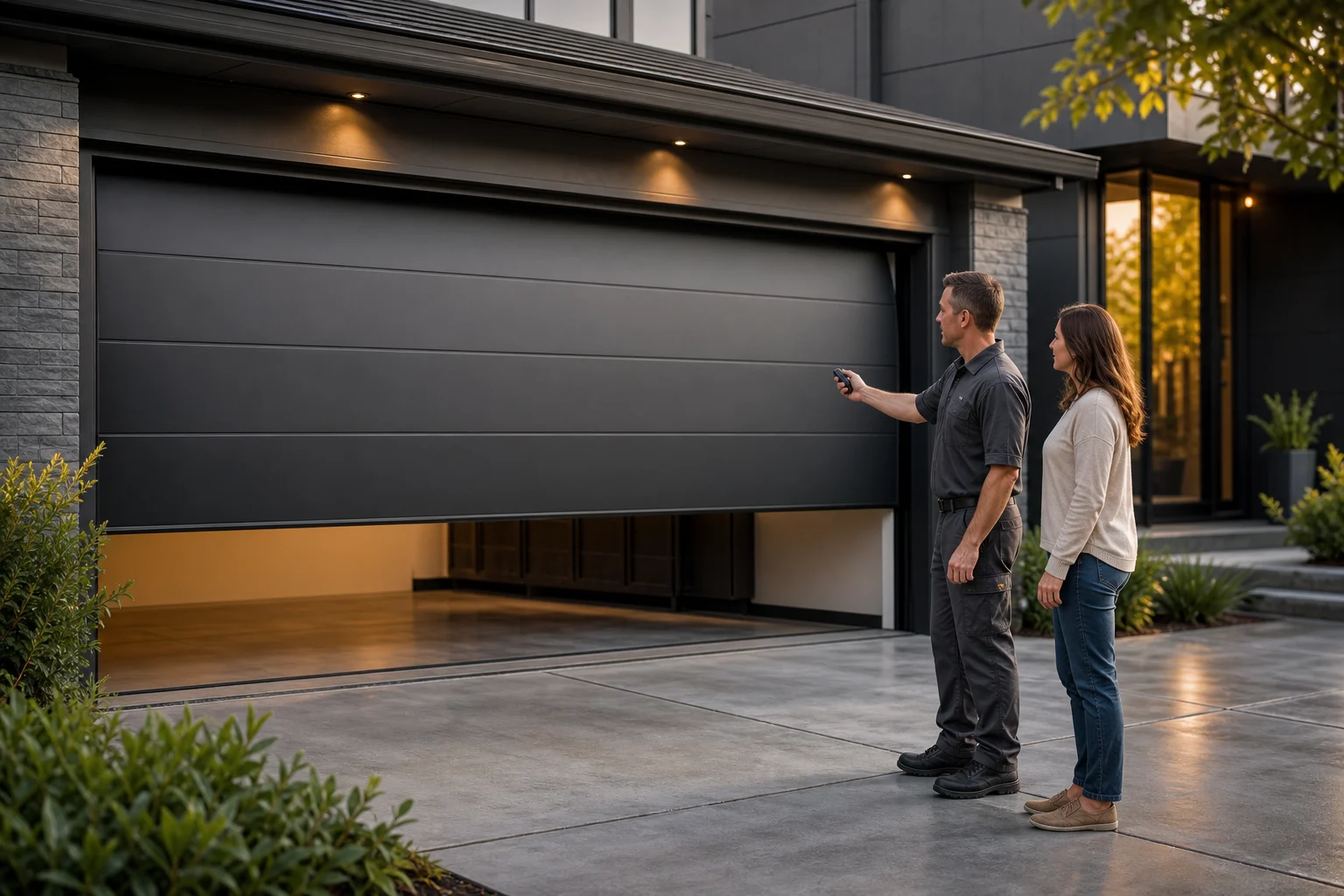 Technician walking a homeowner through the finished garage door