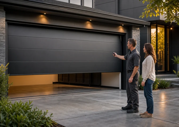 Technician showing a homeowner a completed garage door installation