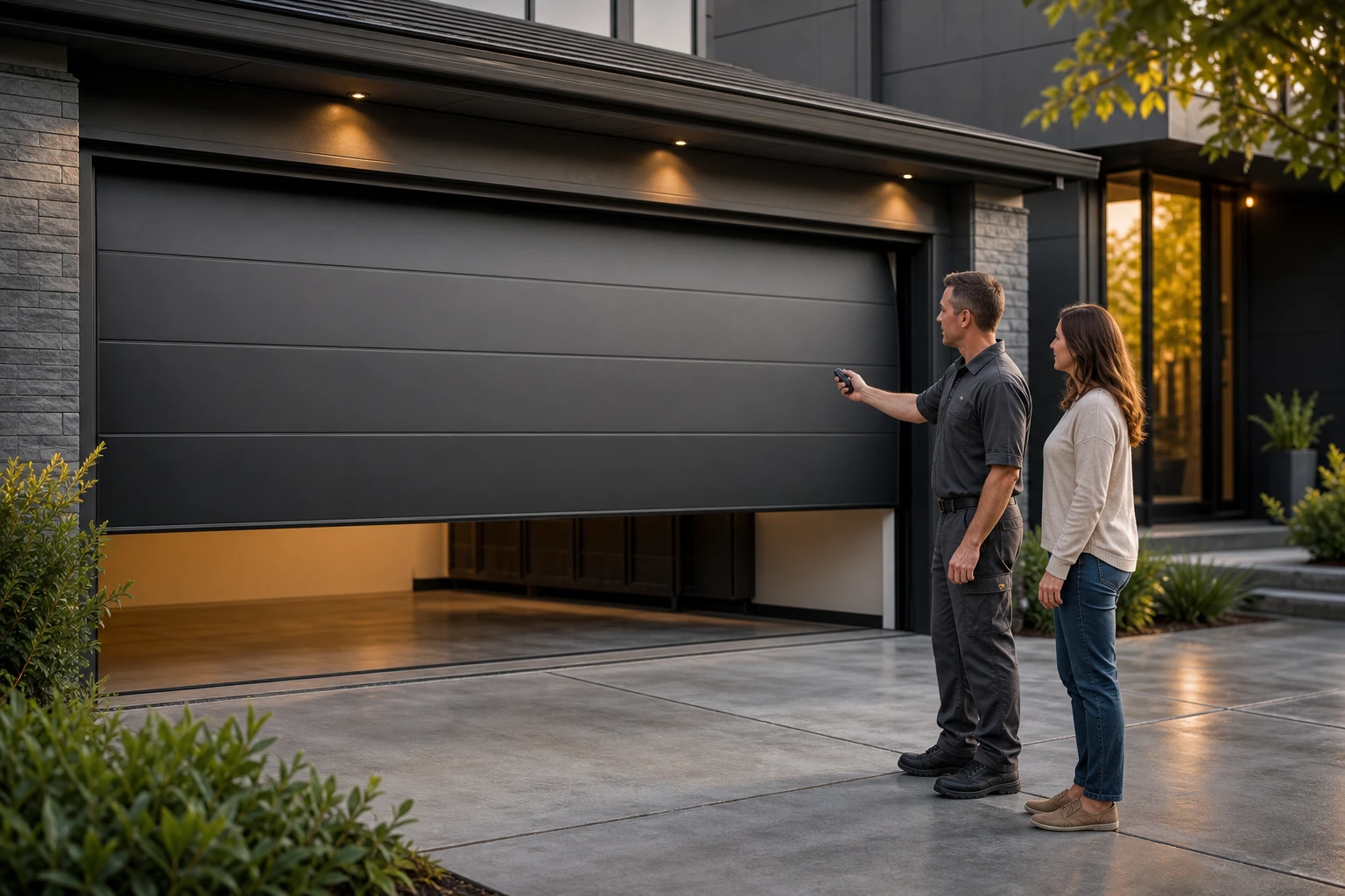 Technician and homeowner testing a garage door after maintenance